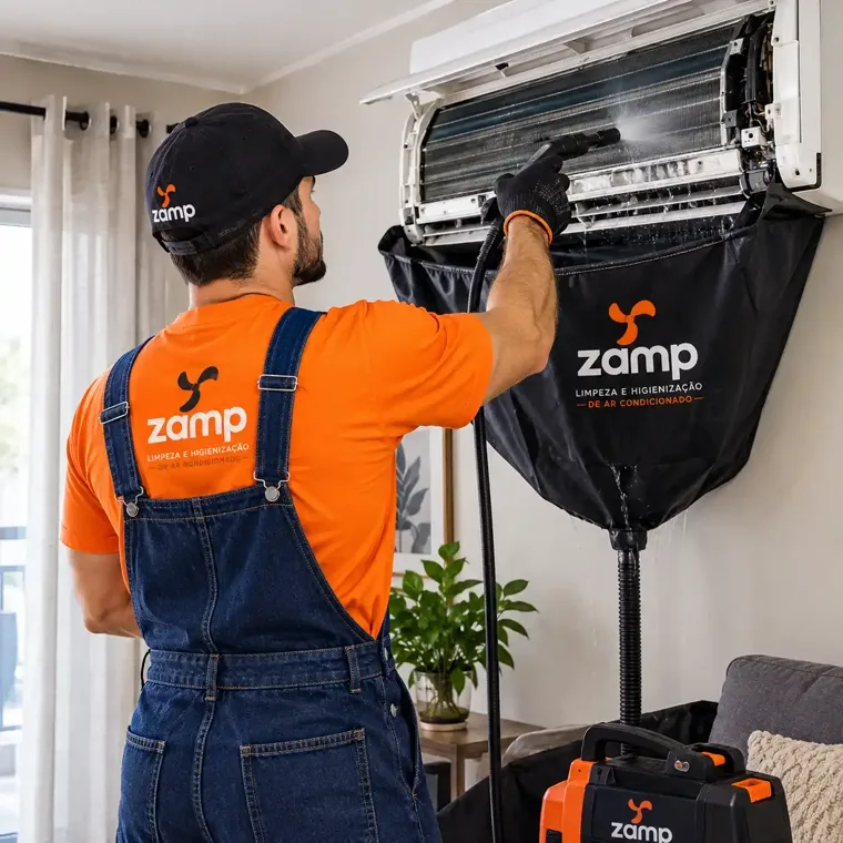 Técnico da Zamp higienizando a evaporadora de um ar-condicionado split com bolsa de lavagem, em Sinop-MT