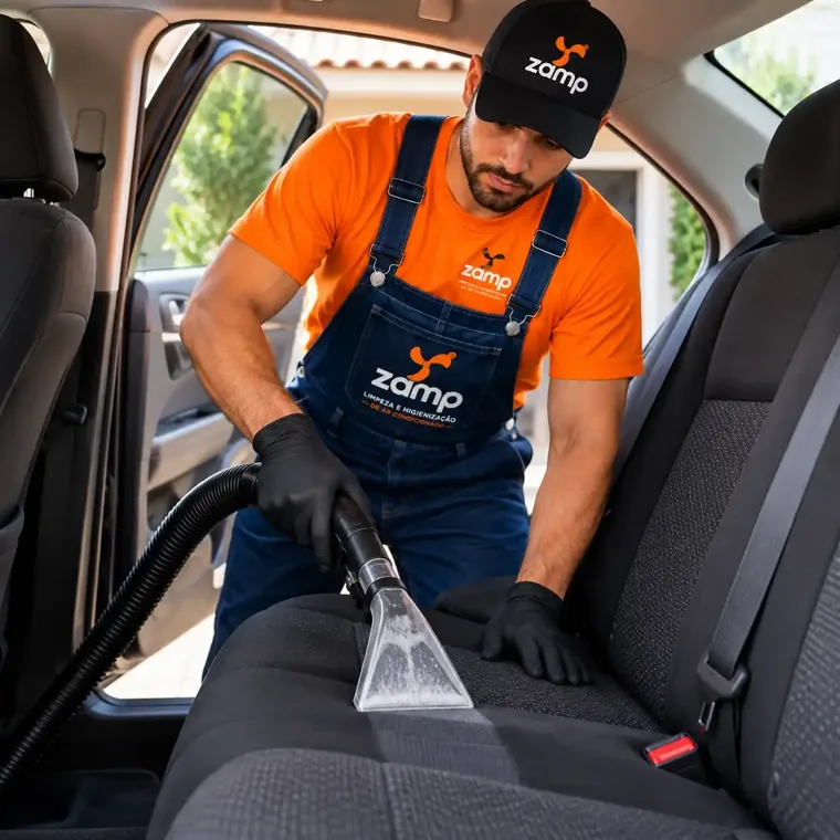 Técnico da Zamp higienizando o banco de um carro com máquina extratora, em Sinop-MT