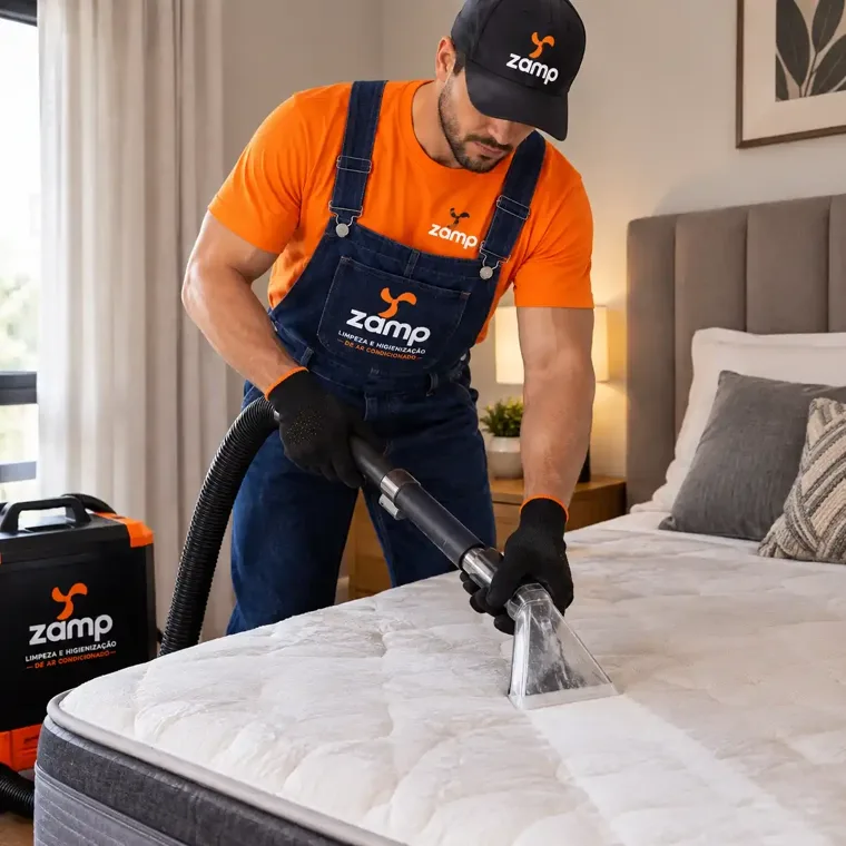 Técnico da Zamp higienizando um colchão de casal com máquina extratora, em Sinop-MT