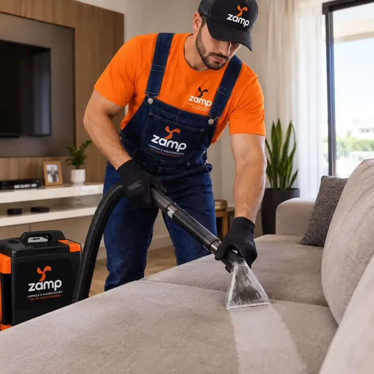 Técnico da Zamp lavando um sofá com máquina extratora, em Sinop-MT